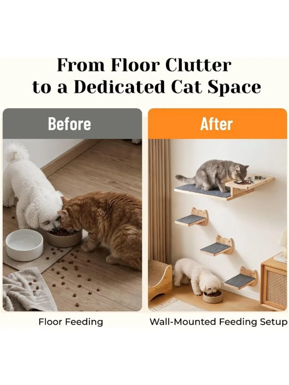 Elevated Cat Feeding Station with 3 Steps & 2 Bowls | Wall-Mounted Pet Shelf